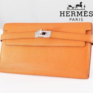 Hermes Classic Kelly Long Wallet Orange Chevre Leather Silver Classique Depliant